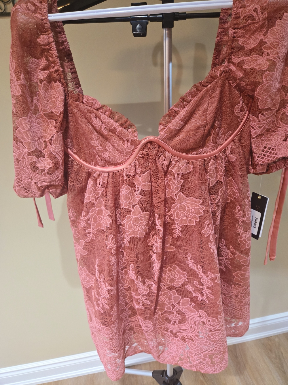 NWT Seni & Cade Terracotta Floral Lace Corset Puff Sleeve Babydoll Mini Dress